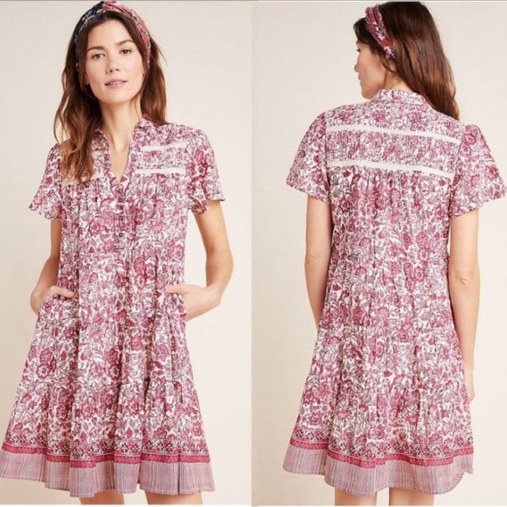 By Anthropologie Dress Womens Small Red Floral Georgina Tiered Shirtdress Pocket
